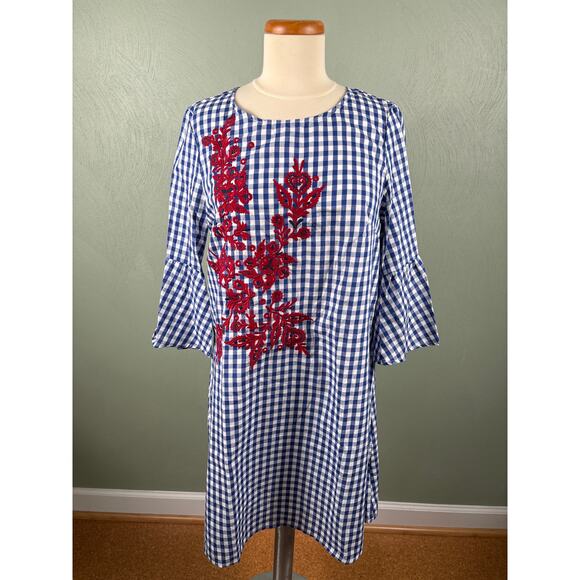 Chelsea & Theodore Women Small Checkered Bell Sleeve Floral Embroidered Dress - Picture 9 of 11
